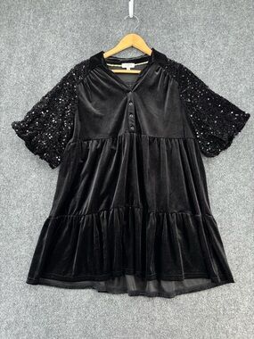 Umgee Black Velvet Sequin Mini Tiered Babydoll Shift Dress Women’s L Date Night